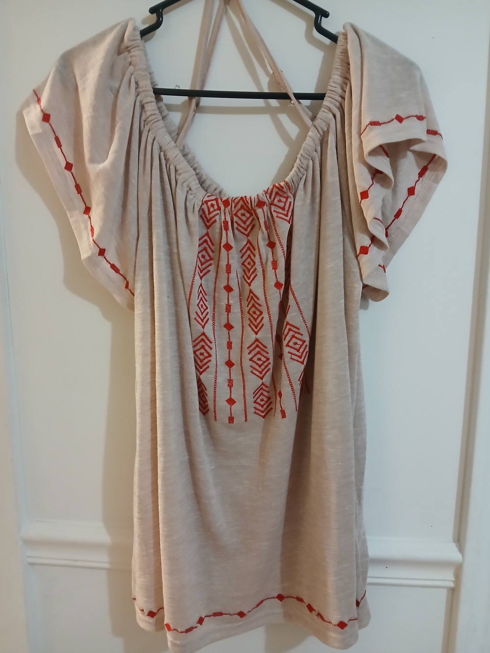 Kori Beige Tunic with Red Geometric Embroidery